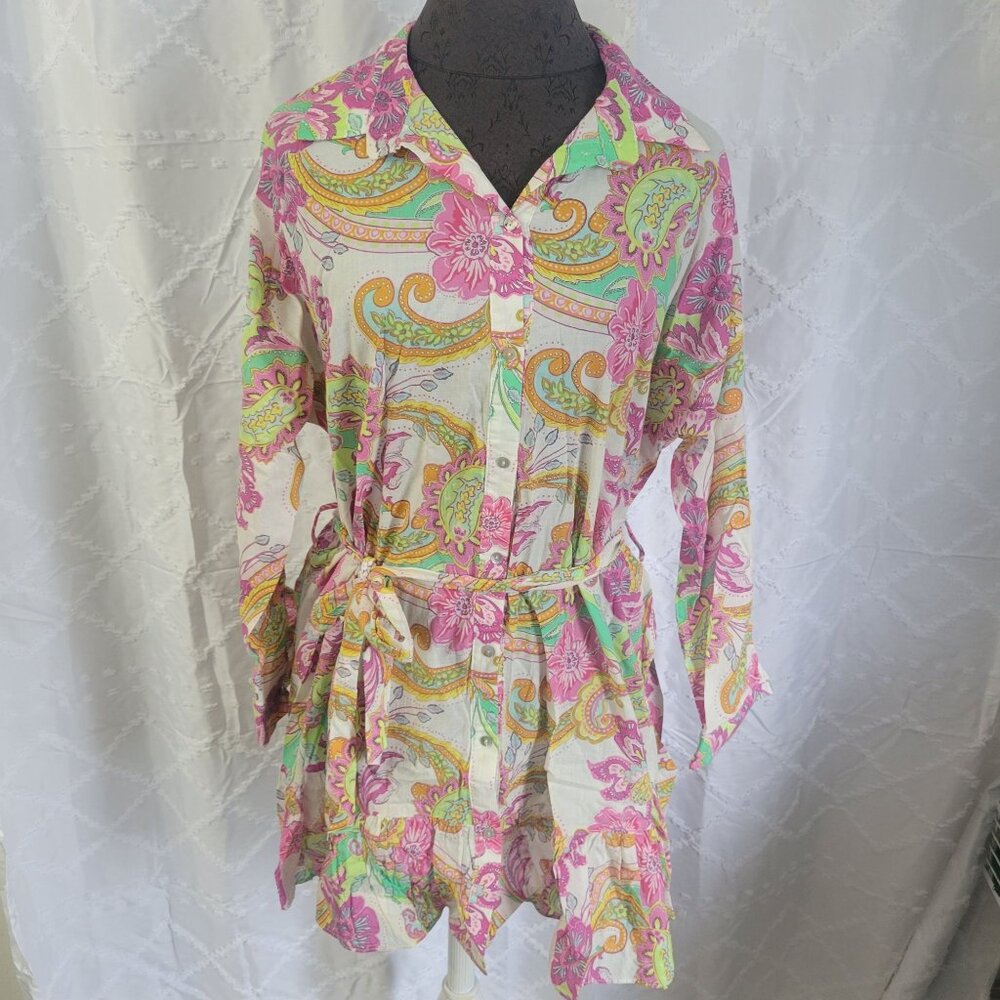 Zara Womens Floral Paisley Print Button-Up Tunic Shirt Dress W/ Belt L Multicolo